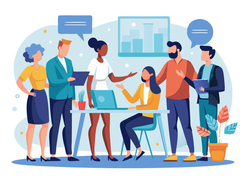 Corporate workshop with diverse group of professionals shaking hands and discussing training modern flat design simple vector illustration isolated transparent background