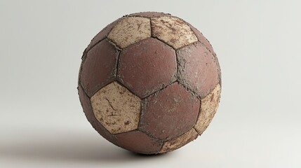 An old, used football (soccer ball) showcasing signs of wear and tear. 