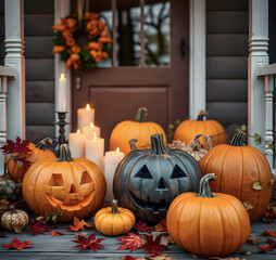 Obraz premium Background with Halloween pumpkins, lit candles and autumn leaves on the porch of a wooden cottage.