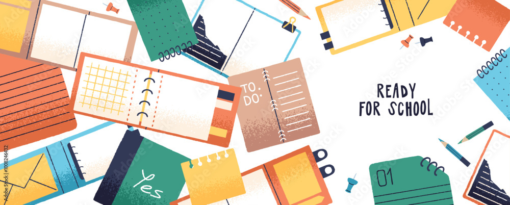 Poster design of banner with round frame of different notebook, notepads for phrase. open paper planners, o