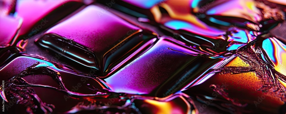 Poster abstract close-up of vibrant, iridescent shapes reflecting light in dynamic colors, creating a mesme