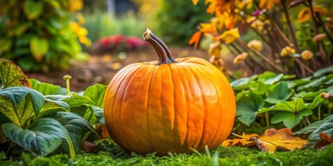 In a lush garden, a bright pumpkin stands out, capturing the spirit of autumn and Halloween, rich with