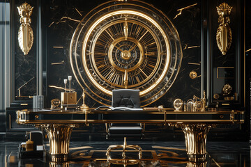 Royal luxury grandeur office interior design, gold and black, golden office detail, office table design