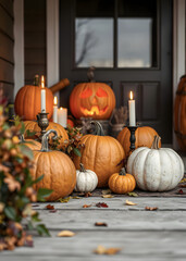 Background with Halloween pumpkins, lit candles and autumn leaves on the porch of a wooden cottage.