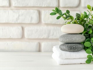 Stacked stones with green leaves on white towels, minimalistic spa setting.