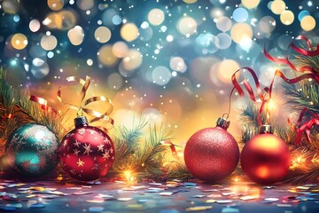 Colorful Christmas ornaments with festive decorations and lights.