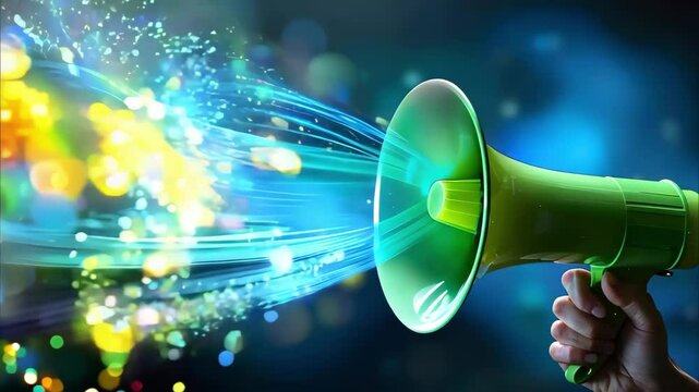 A colorful megaphone emitting vibrant light trails and splashes of color against a blurred background.