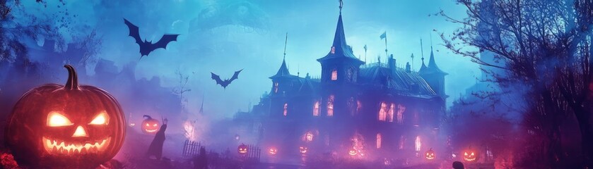A spooky haunted house with glowing pumpkins and bats in an eerie twilight atmosphere, perfect for Halloween-themed projects.