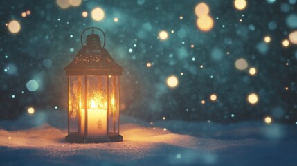 Glowing Christmas candlelight lantern against snowy landscape with falling snowflakes. Winter celebration concept.