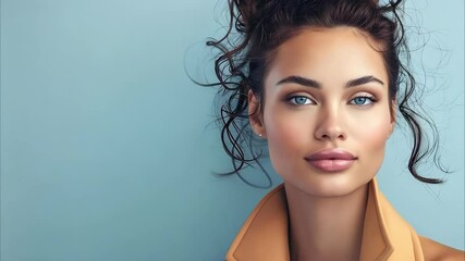 A portrait of a woman with curly hair, striking blue eyes, and a natural makeup look, wearing a stylish coat.