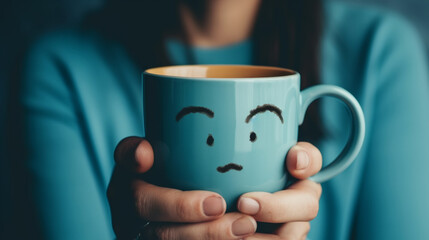 Woman hands holding coffee cup with sad face drawn on coffee. on blue background with copy space. Emotions, blue Monday, hard morning, difficult day