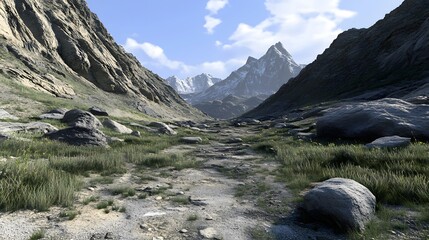 A serene valley landscape with mountains and rocky terrain.