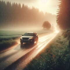 Car on Wet Country Road A car driving down a wet country road wi