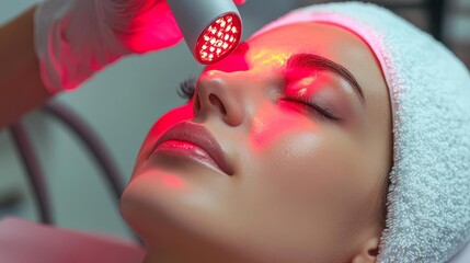 Obraz premium Woman receiving a facial treatment with red light therapy in a spa setting.