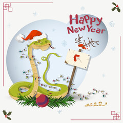The symbol of the new year a snake in a Santa Claus hat wrapped in colored garlands