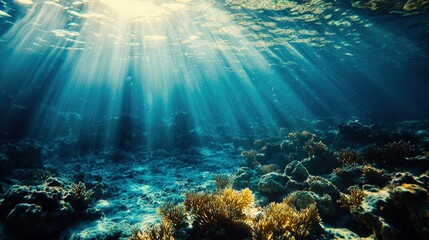 Fototapeta premium A deep underwater scene in the ocean, featuring a serene blue hue and soft light filtering through the water. The tranquil nature captures the vastness and mystery of the ocean depths.