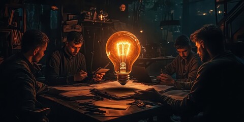 Group brainstorming session in a dimly lit room with a glowing light bulb centerpiece, symbolizing creativity and innovation.