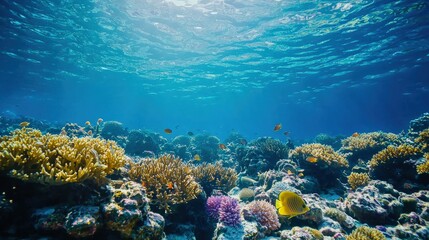 Naklejka premium A deep underwater scene in the ocean, featuring a serene blue hue and soft light filtering through the water. The tranquil nature captures the vastness and mystery of the ocean depths.