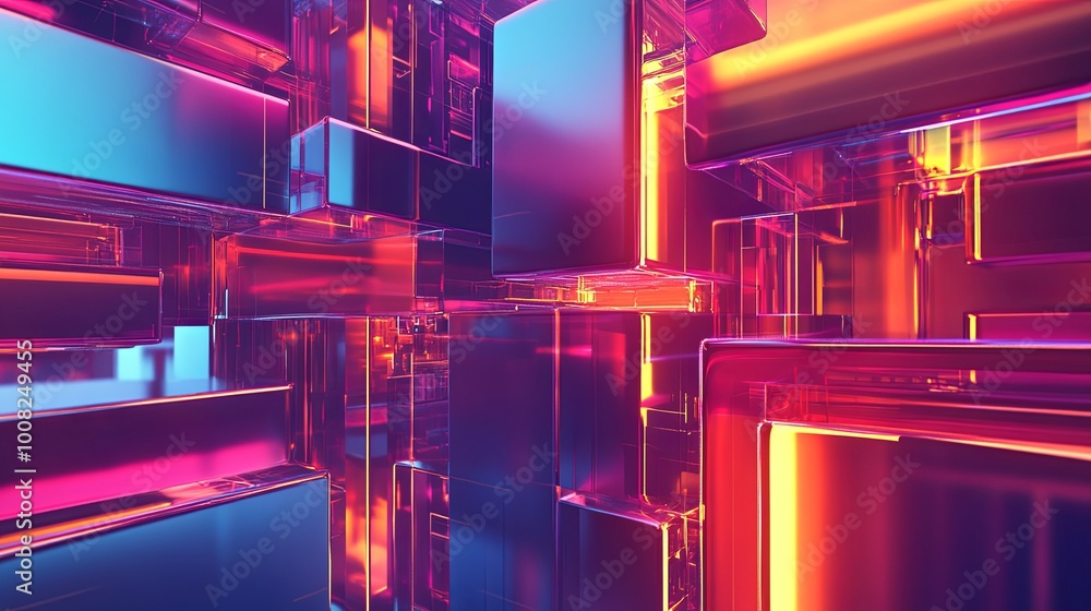 Poster a vibrant, abstract composition of colorful, translucent blocks creating a dynamic, futuristic envir