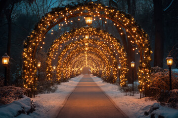 arch with lights in the winter, with snow, christmas decor