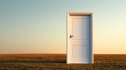White door standing alone in a vast field under a clear sky at sunset.