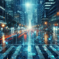 Digital Downpour A street where raindrops leave behind a trail o