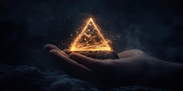 Hand holding a glowing, fiery triangle shape against a dark background, symbolizing mystery, power, and ancient magic.