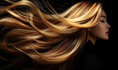 Naklejka premium A beautiful woman with long blonde hair, flowing blonde hair that is shiny and smooth, a black background, Conceptadvertisement for a hair salon or spa, Generative AI