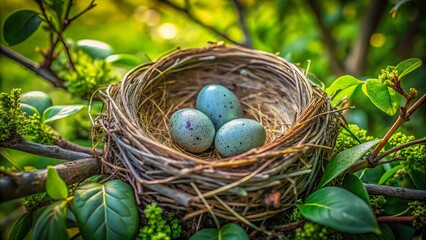 Fototapeta premium In a tranquil wildlife setting, three exquisite bird eggs rest in a nest, symbolizing nature's beauty and new
