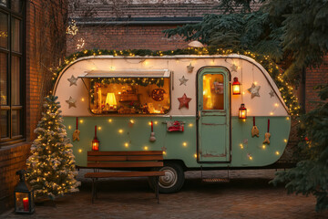 caravan with lights and lanterns in a chrismas decor , with a bench in front of the caravan