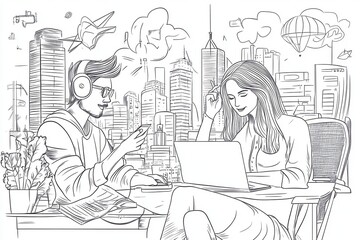 Hand-drawn illustration of a man and woman working together in an outdoor urban setting, using technology amid a bustling cityscape.