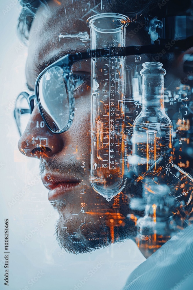 Poster a man is looking through a microscope at a cell. the image is a collage of the man's face and the ce
