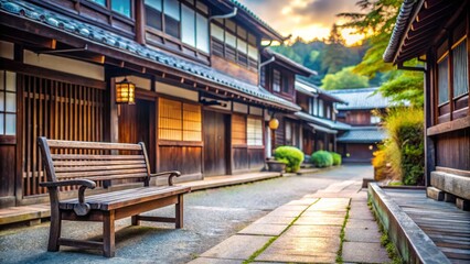 In front of a vintage Japanese shop house, a peaceful wooden bench invites visitors, framed by traditional architecture