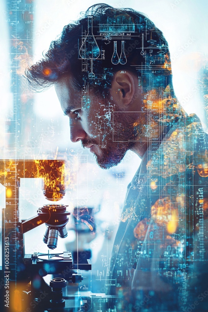 Poster a man is looking through a microscope at a cell. the image is a collage of the man's face and the ce