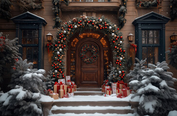 Fototapeta premium christmas tree and presents in front of a house