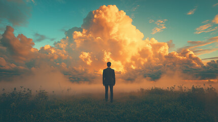 Man in a suit standing in the clouds.