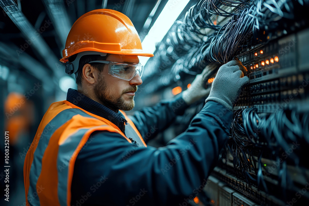 Poster technician installing new ethernet cable in a cloud data center with organized cable management.