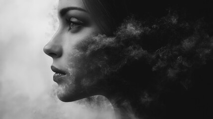 Creativity concept. Mind-blowing portrait of beautiful young woman in cloud