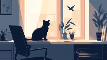 Modern Minimalist Office with Cat by Window