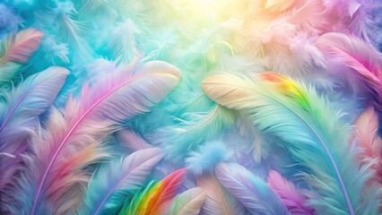 Multicoloured Pastel Angel Feather Banner Background with Rainbow Feathers and Fluffy Pastel Accents