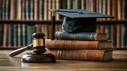 Gavel and Law Books with Graduation Cap in Library Setting