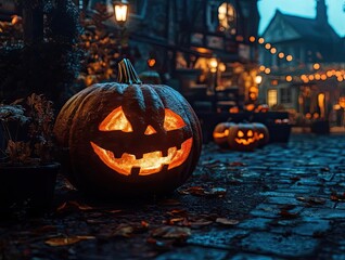 Fototapeta premium A spooky Halloween scene featuring glowing jack-o'-lanterns on a cobblestone street, surrounded by autumn leaves and festive lights.