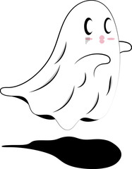 White ghost with pink cheeks floating above black shadow. Spooky Halloween design, ghostly illustrations, haunted house decorations, themed projects.