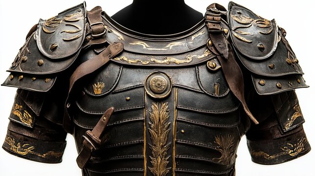 Ornate Black and Gold Roman Armor with Leather Straps