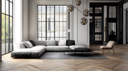 Elegant Contemporary Living Room with Oak Parquet Flooring
