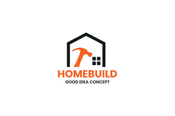 Orange hammer and house window create dynamic HomeBuild logo