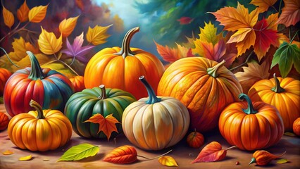 Lively digital painting showcasing vibrant pumpkins and autumn foliage, ideal for seasonal decor, infusing your space