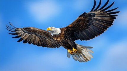 Fototapeta premium A bald eagle in flight against a bright blue sky with white clouds.