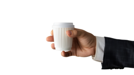 A hand in a business suit holding a white disposable coffee cup on white background