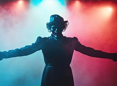 A dramatic silhouette of a performer on stage, illuminated by vibrant colored lights, creating an energetic atmosphere.